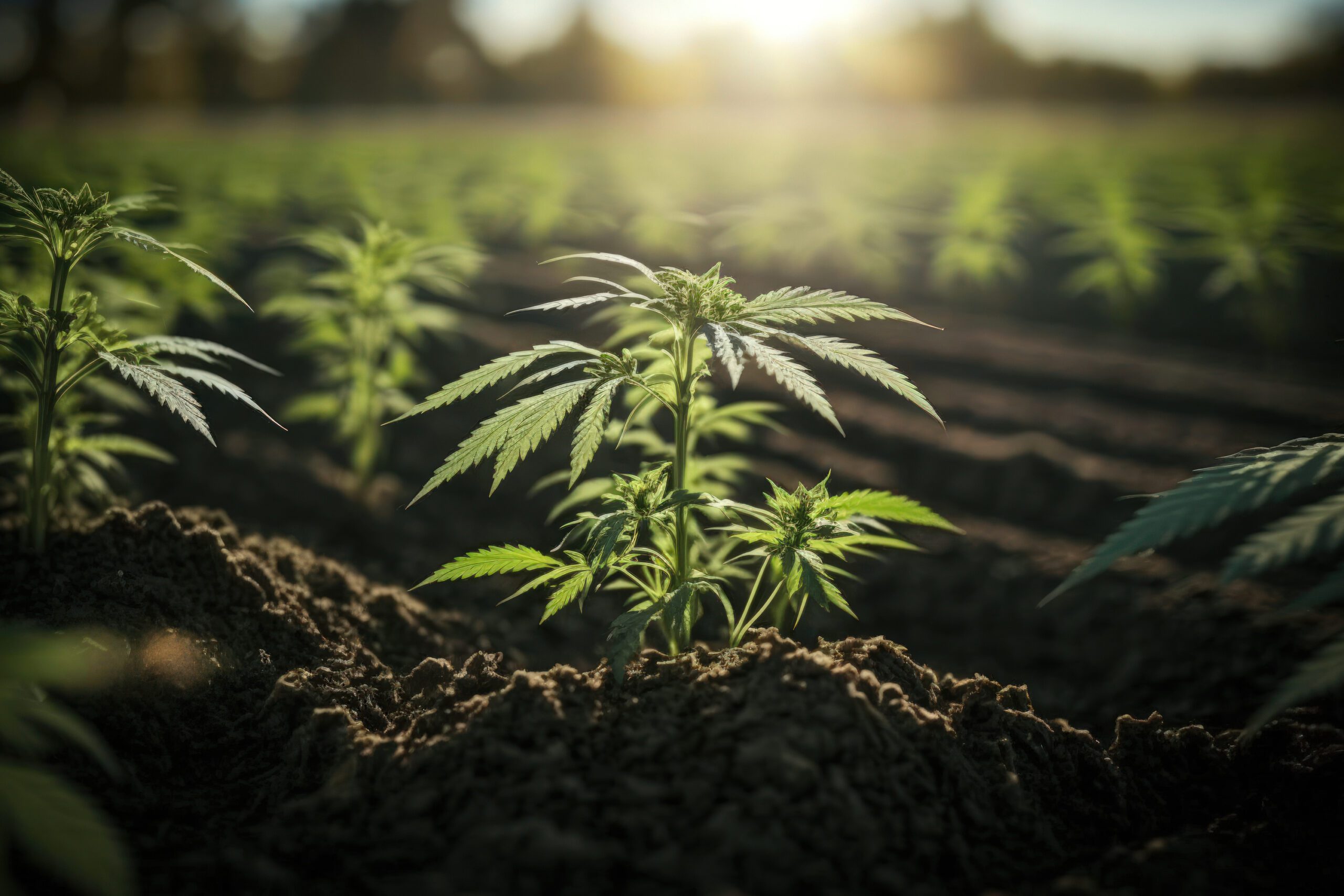 Young cannabis plants, a farm plantation, and a hemp business. Generative AI